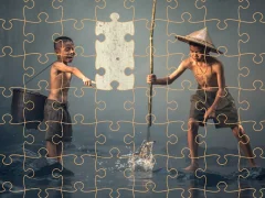 Lojë Children Fishing Teamwork Jigsaw në internet